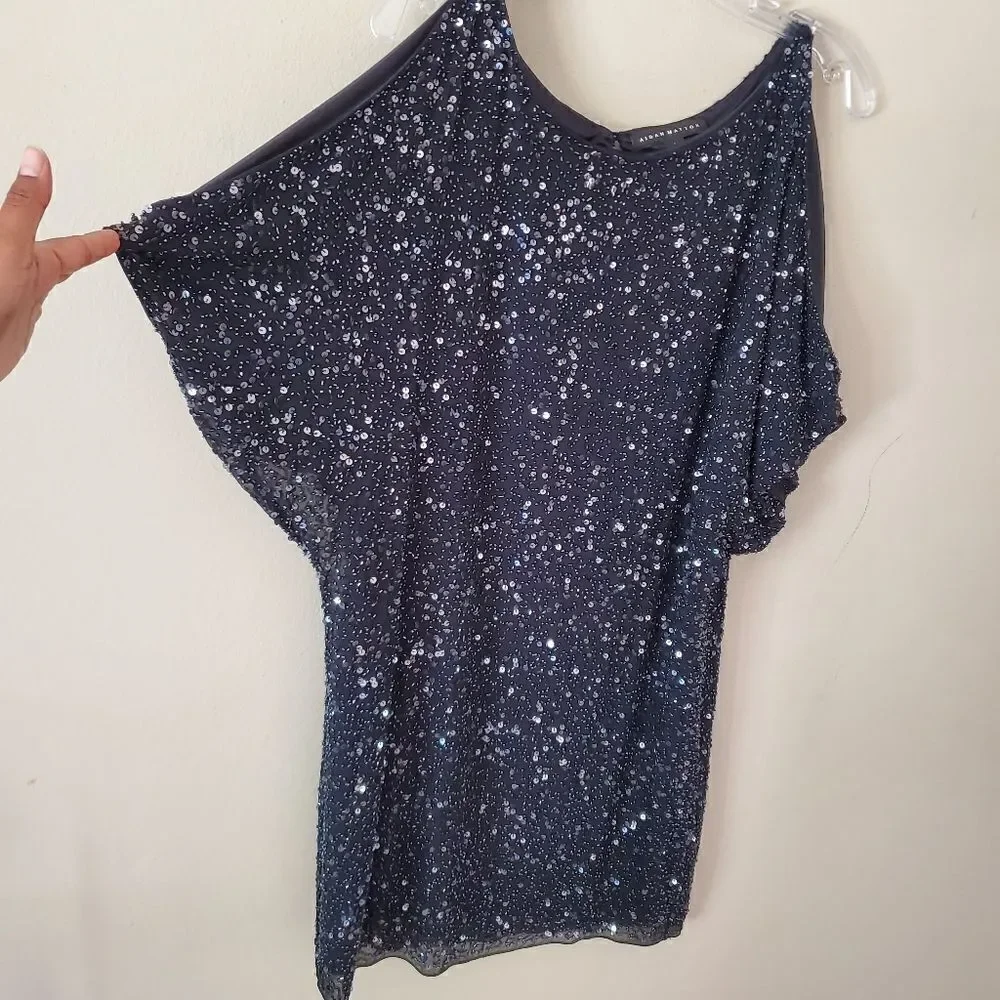 Aidan Mattox Cold Shoulder Sequin Dress Size 6 Black Party New Year's 100% Silk